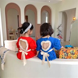 Korean style cute girls summer loose short sleeve dresses hollow back heart-shaped kids princess dress 210615