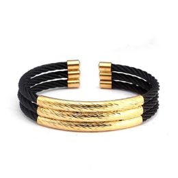 Luxury Men Black Stainless Steel Charm Bracelets Bangles Open Cuff Fashion Jewellery Vintage Male Sporty Gold Bracelets Pulsera Q0719
