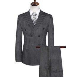 2Pcs New Men Business Suit 2021 Double Breasted Striped Lapel Formal Blazer Pants Suit Set Costume Homme Clothe X0909