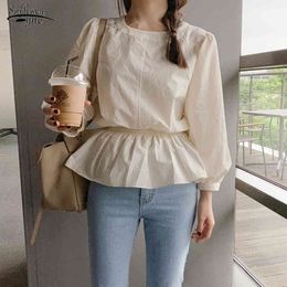 Fall Long Sleeve Shirt Women Blouses Shirts Apricot Blouse Ruffle Sashes Casual Clothes Chemisier Femme 10102 210427