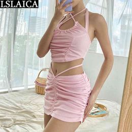 Female Set 2 Pcs Strapless Tops&skirts Ruched Sexy Fashion Pink Women's Clothing Party Club Night Streetwear Sets Womens Outfits 210520