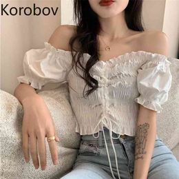 Korobov Vintage Lacing Bow Puff Sleeve Shirts Korean Chic Ruffles Solid Elegant Blusas Mujer Office Lady Slash Neck Blouses 210430