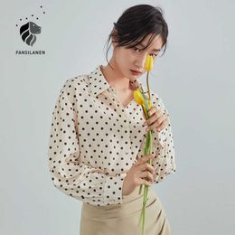 FANSILANEN Vintage polka dot chiffon blouse shirt Women puff sleeve casual spring button up Office elegant female blouses 210607