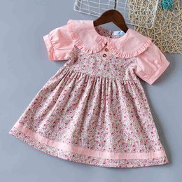 Summer Dress Cute Short-sleeve Floral Lapel Party Princess Girl Children Clothes For 2-6 Years Old 210515