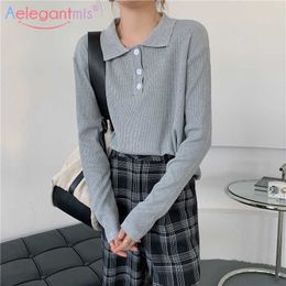 Aelegantmis High Quaility Women Button Thin Soft Solid Knit Sweater Pullover Turn Down Collar Female Knitted Korean 210607