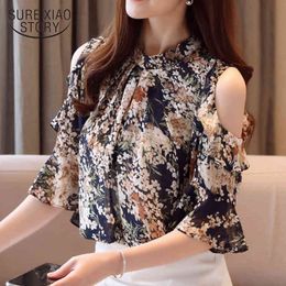 Plus Size Printing Clothing Summer Off-the-shoulder Chiffon Blouse OL O Neck Floral Flare Sleeve Shirts Women 13747 210415