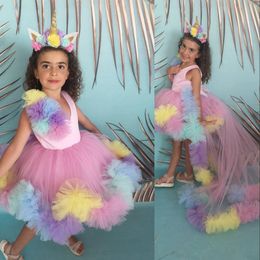 Cute Colourful Girls Pageant Dresses V Neck Ruffles Tulle Tiered Short Hi Lo Detachable Train With Bow Kids Flower Girl Birthday Gowns