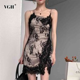 Sexy Patchwork Lace Sling Dress For Women Square Collar Sleeveless High Waist Mini Dresses Female Summer Style 210520