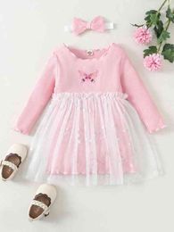Baby Butterfly Embroidery Contrast Star Mesh Dress & Headband SHE