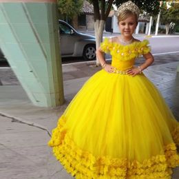 Yellow 3D Flower Kids Prom Dresses Jewel Neck Crystal Puffy Skirt Toddler Birthday Party Gown Little Girls Pageant Dress