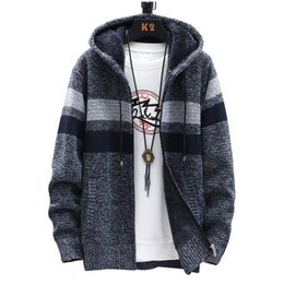5 Colours Mens Sweaters Winter Cardigan Sweater Coats Thick Hooded Men Striped Clothes Plus Velvet