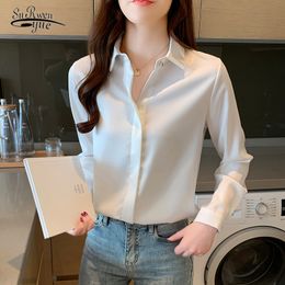 Korean Style Silk Office Lady Women Shirt Satin Solid s Tops and Blouses Elegant Slim Long Sleeve Shirts 10150 210521