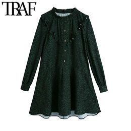 TRAF Women Fashion With Metal Buttons Printed Ruffle Mini Dress Vintage High Neck Long Sleeve Female Dresses Mujer 210415