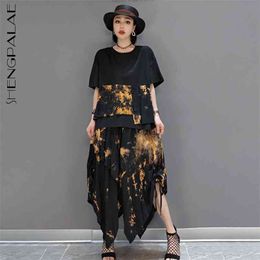 O-neck Printed Short Sleeve T-shirt And High Waist Irregular Drawstring Skirt Two Piece Sets For Women In Summer 210427