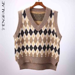 argyle knitted pullover waistcoat Spring V-neck loose Mohair irregular sweater vest female fasion 5A1150 210427