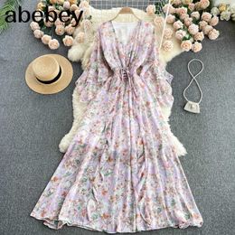 Women Chiffon Floral Dress Design Irregular Long Sleeve V Neck A-line Dress Summer Bohemian Print Beach Long Sundress 210715