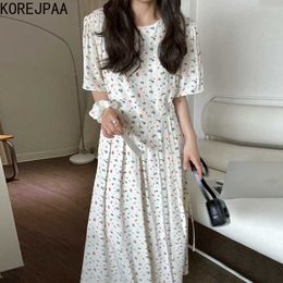 Korejpaa Women Dress Summer Korean Chic Fresh Sweet Round Neck Full-Screen Floral Lace-Up Waist Slim Short-Sleeved Vestidos 210526