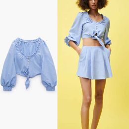 Za Blue Plaid Cropped Summer Blouse Women Long Puff Sleeve Ruffle Vintage Shirt Feminine Chic Button Up Knot Gingham Top 210602