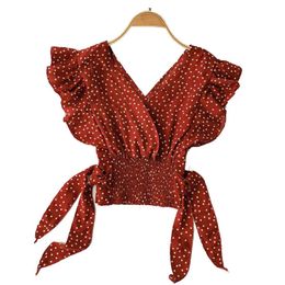 Deep V Neck women's Shirt Spring Solid Chiffon Blouse Sleeveless bow blusa Elegant Elastic pleating top and 210531