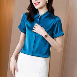 Women's Shirt Clothing Women Satin Solid Blue Drop Polo Neck Blouse Top Female Button Up Basic 210604