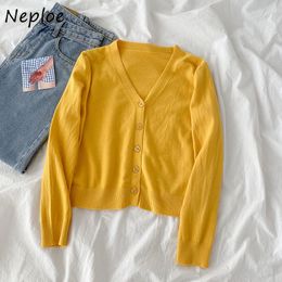 Neploe V Neck Long Sleeve Single Breast Knit Sweater Cardigans Women Candy Colour Loose Spring Outwear Pull Femme Coat Sueter 210510