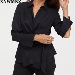 Women Fashion Black shirt with belted hem Female Chic Long sleeve Blouse Turn-down Collar Office Lady Tops blusas 210520