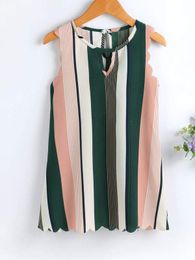 Toddler Girls Vertical Striped Scallop Trim Keyhole Neck Tunic Dress SHE