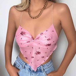 Sweet Floral Print Kawaii Y2K Summer Pink Camis Top With Thin Strap Backless New Cute Sleeveless Blue Crop Cami Outfits 210415