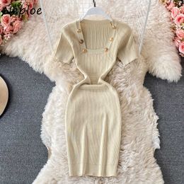 Neploe Sexy Square Collar Clavicle Exposed Knit Dress Women High Waist Hip Skinny Vestidos Summer 2021 New Multicolor Robe Y0823