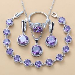 Earrings & Necklace Natural Purple Crystal Round Wedding Accessories Silver Colour Jewellery Sets For Women And Bridal
