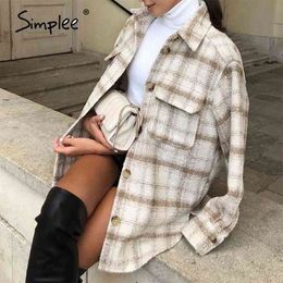 Simplee Casual Plaid women's top Loose drop shoulder sleeve button lapel pocket Top High street style autumn warm shirt 210410