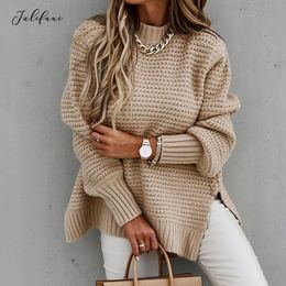 Woman Sweaters Side Slit Casual Ladies Solid Black Ribbed Knitted Jumper Pullover Tops Autumn Winter Clothes Fall Fashion 210415