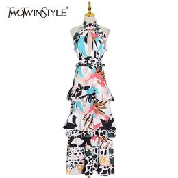 Sexy Print Sashes Slim Dress For Women Stand Collar Sleeveless High Waist Hollow Out Midi Dresses Female Summer 210520