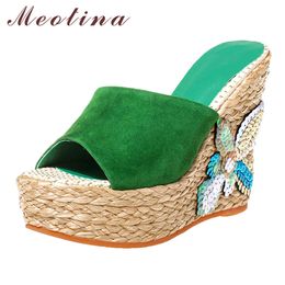Women Slippers Summer Shoes Flower Platform Wedge Heel Kid Suede Peep Toe Super High Slides Ladies Sandals 39 210517
