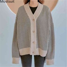 Spring Korean Fashion Striped V-neck Cardigans Sweaters Women Long Sleeve Singe Breasted Loose Casual Office Tops 210513