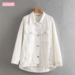 Bright Line Beige Loose Women's Denim Jacket Harajuku Korean Printed Fashion Long-sleeved Single-breasted Chic Female Coat Tops 210507