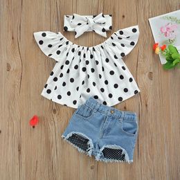 Clothing Sets 2 Pieces Kids Girls Suit Set Polka Dots Print Sleeve Tops Denim Shorts Summer Baby Toddler Infant Children