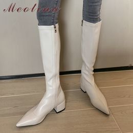 Knee High Boots Women Shoes Pointed Toe Thick Heels Lady Zipper Mid Heel Streych Long Autumn Winter Beige 43 210517