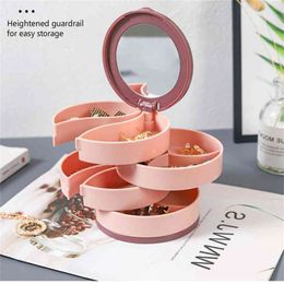 Multilayer Rotating Plastic Jewellery Stand Storage Box Earrings Ring Cosmetics Beauty Container Organiser with Mirror 210922