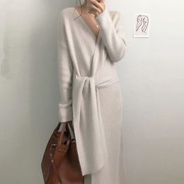 Comelsexy Korean Autumn And Winter Elegant V-neck Cross Side Strap Waist Mid-calf Knitted Sweater Dress For Women Vestidos 210515
