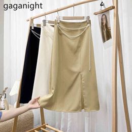Gagnight Summer Wrap Midi Pencil Skirt Women High Waist Split Faldas With Beading Chain Elegant Ladies Jupes Black Khaki 210519