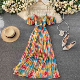 Summer Seaside Holiday Dress Female Bubble Sleeve Square Neck Strapless Sling Long Print Pleated UK881 210506