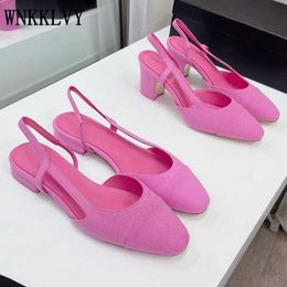 Summer autumn sandals women chunky high heel slingback round toe patchwork classic pink blue party dress shoes for girl pumps Y0608