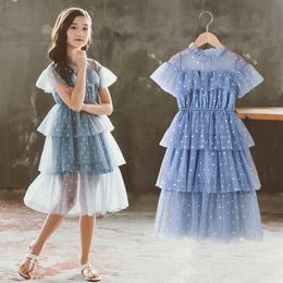 2021 summer spring Teenager kids Girls mesh Layered Dress Blue Pink Mesh Daisy Princess Clothes Kids 4 5 6 7 8 9 10 11 12 Years Q0716