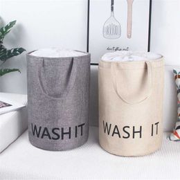 Linen Household Dirty Laundry Basket With Lid Folding Clothing Storage Bucket Clothes Toys Organizer Handle Laundry Hamper 211112