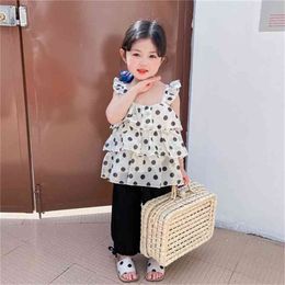 Summer Arrival Girls Fashion Dot 2 Pieces Suit Top+pants Kids Clothes 210528