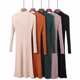 Women's Knitted Casual Super Long Stand Collar Pullover Sweater Dresses Over-the-knee Slim-fit Hip Bottoming 210520