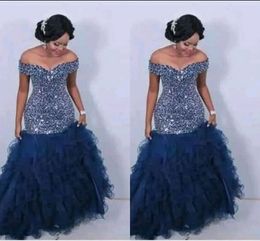 2022 Dark Navy Dresses Party Evening Mermaid Style Crystal Beaded Top Ruffle Tulle Skirt Off Shoulder Prom Dress Plus Size Womens