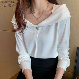 Office Lady Long Sleeve Plus Size Shirts Beading Spring Solid Colour V Neck Women Blouse Tops Chiffon Female Clothing 14028 210415