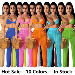 2021 Summer Beach Cover Up New Sexy Women's Fashion Knitted Mesh Hollow Perspective Two-piece Suit with Bra Top & Long Pants 10 Colors